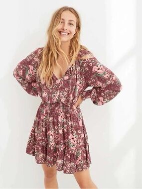 aerie American Eagle Floral Smocked Waist Long Sleeve Mini Dress - XXS  Burgundy